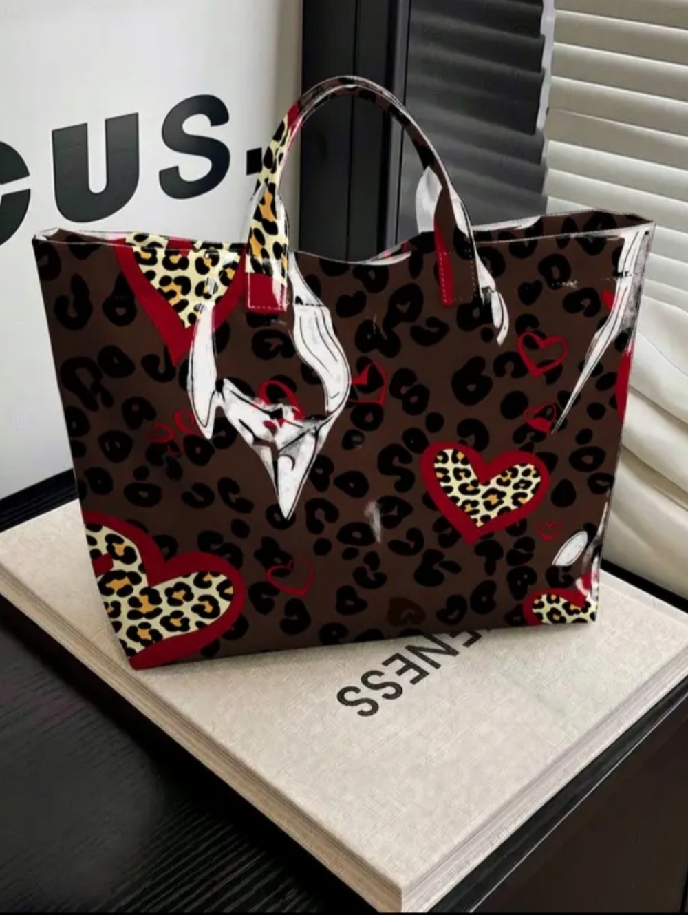 Tote Bag Purse Multicolor Patterned High Gloss  in Leopard W/hearts.  New
